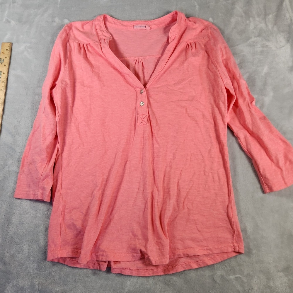 Fresh Produce 3/4 Sleeve‎ Solid Pink V-Neck Henley Shirt Women L Coastal Grandma